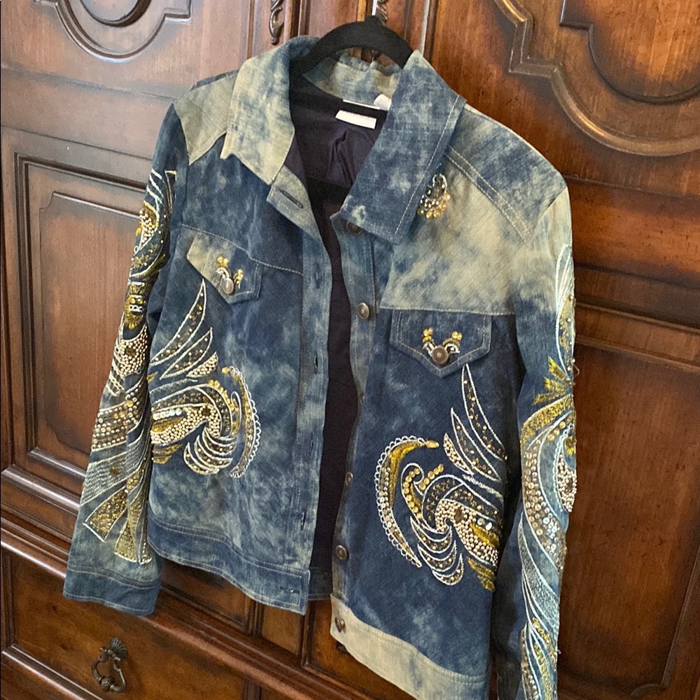 Chico's Embellished Denim Jacket with Gold and Silver Accents